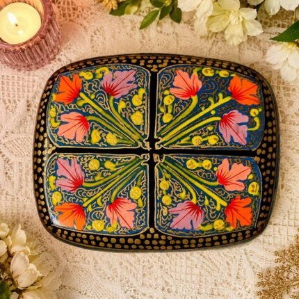 Premium Handcrafted Kashmiri Papier Mache Jewellery, Storage Box Hand-Painted Decorative Gift Box, Hand-Painted Four-Quadrant Floral Symmetrical (naqashi art)