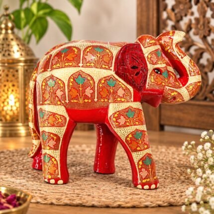 Handcrafted Kashmiri Papier Mache Elephant Showpiece for Home Decor, Golden Outline Floral Design on Red Base Elephant, Premium Indian Handicraft Gift