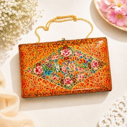 Kashmiri Paper Mache Clutch Purse for Women with Hazara Floral Design, Brass Chain, Velvet Interior, Handmade Hard Case Party Sling Bag, Orange Base with Multicoloured Flowers