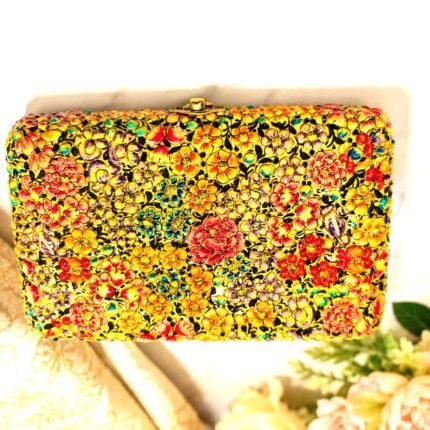 Kashmiri Paper Mache Clutch Purse for Women with Hazara Floral Design, Brass Chain, Velvet Interior, Handmade Hard Case Party Sling Bag, Multicoloured
