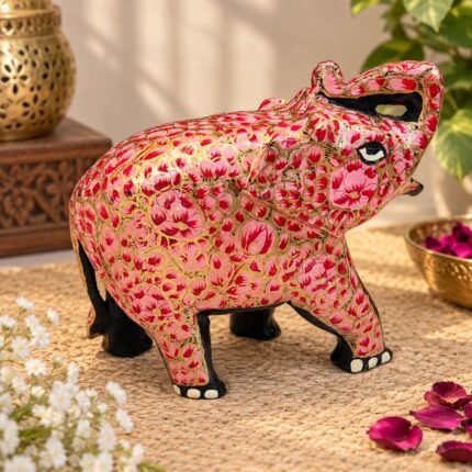 Handcrafted Kashmiri Papier Mache Elephant Showpiece for Home Decor, Golden Outline Floral Design on Pink Base Elephant, Premium Indian Handicraft Gift